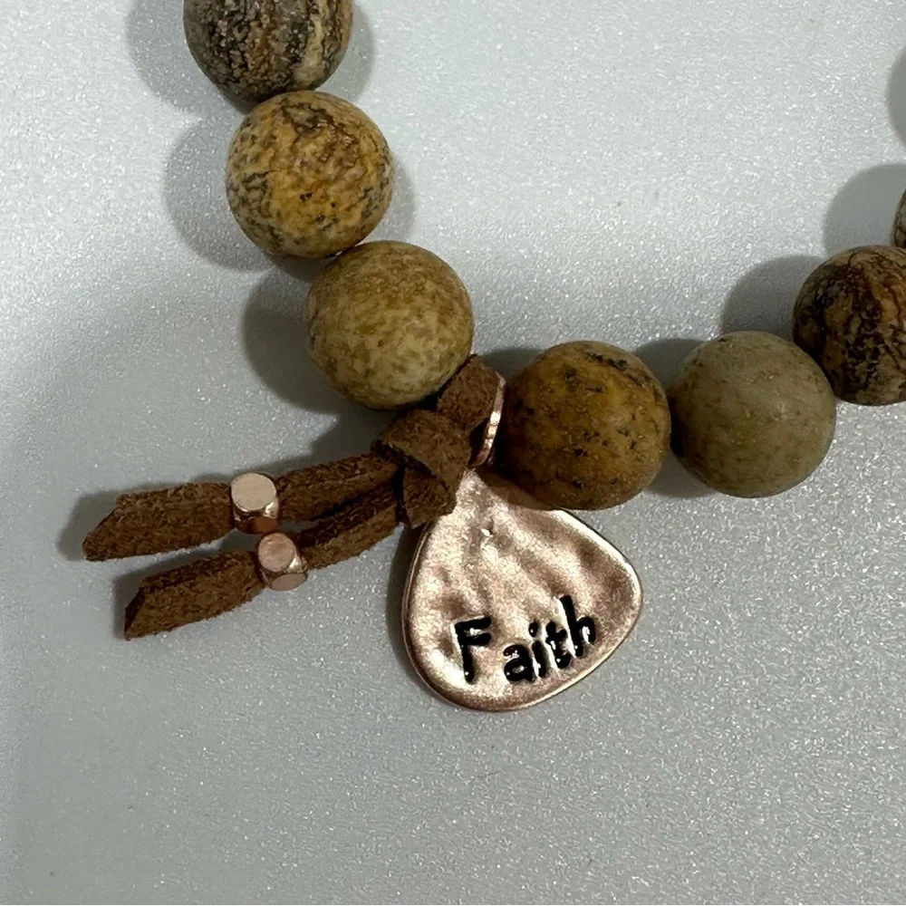 Semi-Precious Stone Beaded Faith Charm Stretch Bracelet Inspirational New Gift
